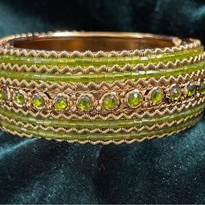 Vintage Hinged Green & Gold Cuff Bracelet